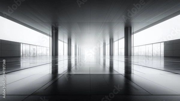 Fototapeta Minimalist cityscape with a futuristic plaza, metallic floors reflecting modernist architecture, monochrome tones, smooth textures, wide-angle, ultra-clean lines, futuristic digital art