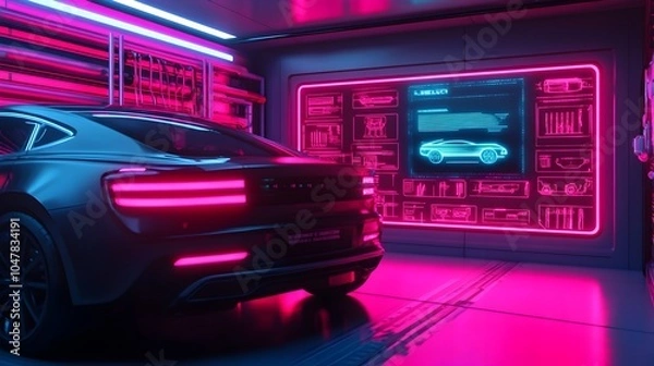 Fototapeta Futuristic automotive repair robot utilizing advanced laser tools to efficiently service and maintain electric vehicles in a high tech holographic enhanced garage setting