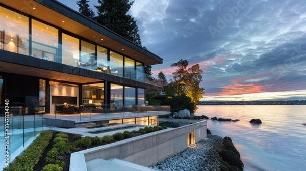 Fototapeta Modern waterfront house with glass windows and balcony overlooking the sea at sunset.