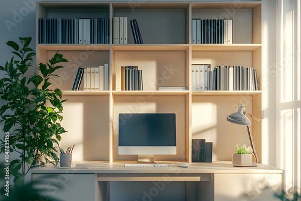 Fototapeta Office interior backdrop for online meetings. Light home office setting background. Minimalist online workspace aesthetics. Video conferencing room design.