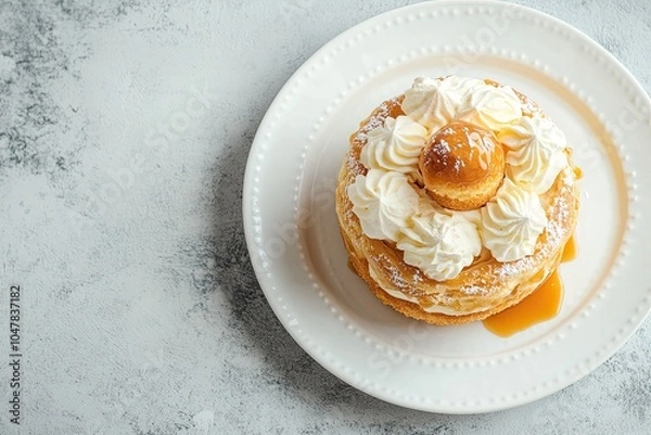 Fototapeta Saint Honore cake with profitrols, caramel, custard and whipped cream on a white plate on a gray concrete background. Traditional French dessert. Copy space