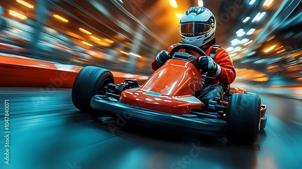 Fototapeta A go-kart racer speeds around a track, with motion blur highlighting the speed and excitement of the sport.