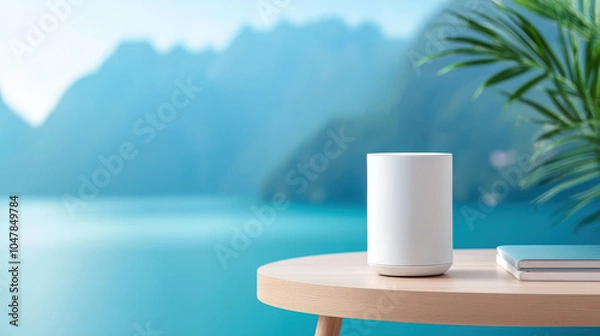 Fototapeta Modern home office with large window view, featuring sleek white speaker on wooden table, surrounded by serene landscape of mountains and water