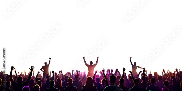 Obraz Concert crowd silhouette with vibrant stage lights, transparent background