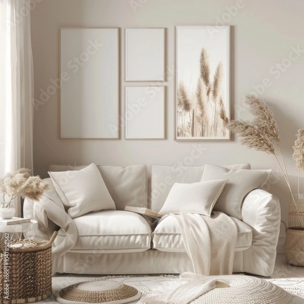 Fototapeta 「ベージュのソファ、ふかふかのクッション、乾燥させたパンパスグラスをあしらったスタイリッシュなアート作品。居心地の良い、くつろげる雰囲気を演出」
