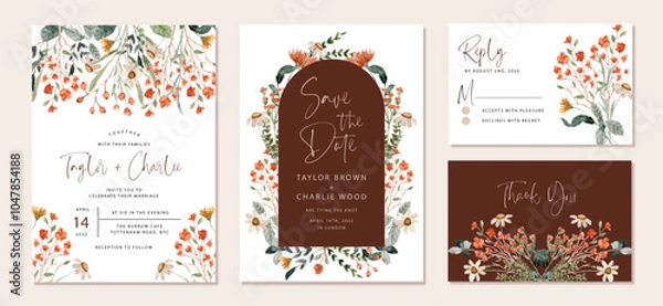Obraz wedding invitation set with wildflower watercolor frame