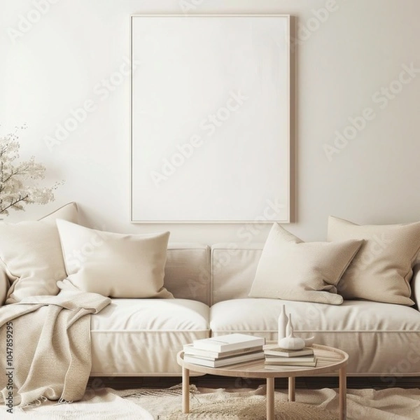 Fototapeta 「ベージュのソファの上の壁にキャンバスを飾ったミニマルなリビングルームインテリア。アート作品やデザインの展示に最適」