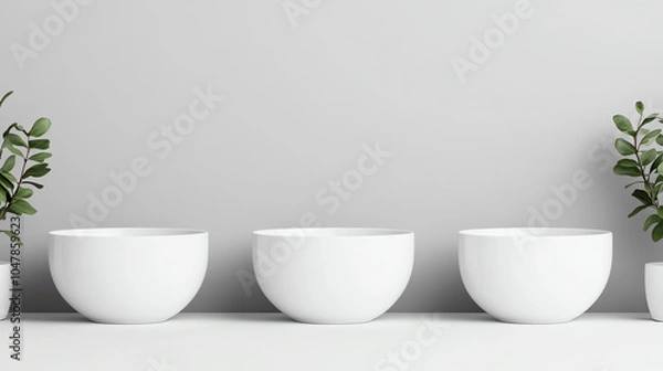 Obraz Minimalist display with three white bowls and greenery on a neutral background, perfect for modern decor inspiration and vibrant plant showcasing.