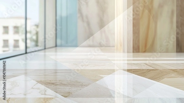 Obraz Modern empty office interior with marble and wood floor showing geometric pattern and large windows with blurred city view