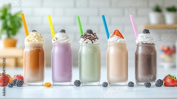 Fototapeta Milkshakes in clear glass bottles, each with a different flavor—chocolate, strawberry, vanilla—and topped with whipped cream and a colorful straw. The setup feels fun and lively.