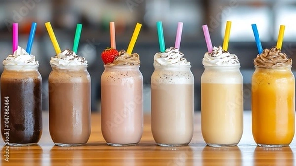 Fototapeta Milkshakes in clear glass bottles, each with a different flavor—chocolate, strawberry, vanilla—and topped with whipped cream and a colorful straw. The setup feels fun and lively.