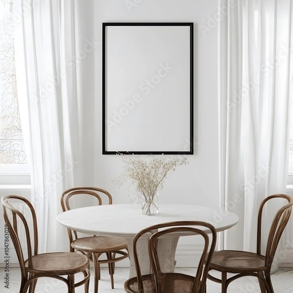 Fototapeta Minimalist Dining Room with Classic Bentwood Chairs and Empty Frame

