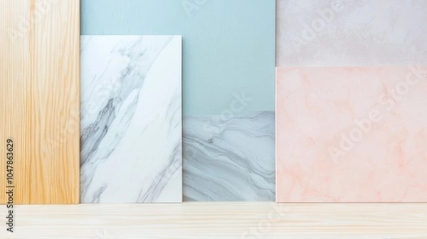 Obraz Wood, marble and other materials samples are displayed on a wooden table, offering a variety of textures and colors for an interior design project