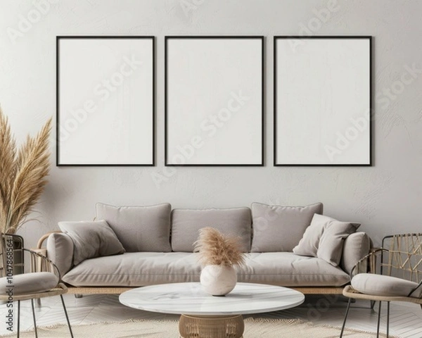 Fototapeta 「快適なソファを備えたモダンなリビングルームインテリアデザイン。スタイリッシュな家具。壁に飾られた白い額縁のモックアップとエレガントなアクセサリー」「ミニマルなホームインテリア」