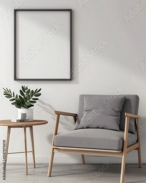 Fototapeta 「アームチェア、テーブル、白い壁に垂直に置かれたポスターのモックアップのあるモダンなミニマルインテリア。壁に落ちる日光の影」