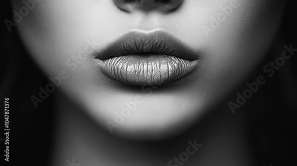 Obraz Close-up Black and White Image of Female Lips with Glossy Texture, Sensual and Minimalist Portrait