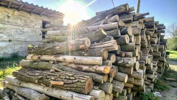 Fototapeta A sunlit stack of weathered logs leaning against a rustic stone building, radiating warmth and rustic charm.