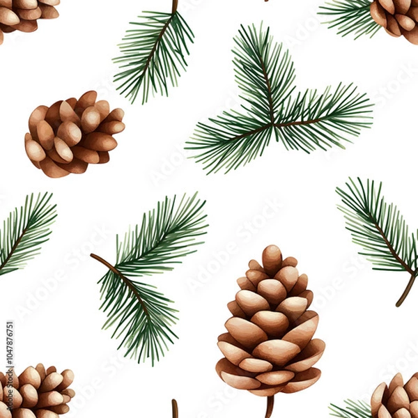 Fototapeta A seamless pattern featuring pinecones and evergreen branches on a white background, evoking a natural and festive vibe.