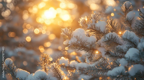 Obraz Winter Wonderland: A close-up view of snow-covered pine branches bathed in the warm glow of a winter sunset, creating a magical and serene winter landscape. 