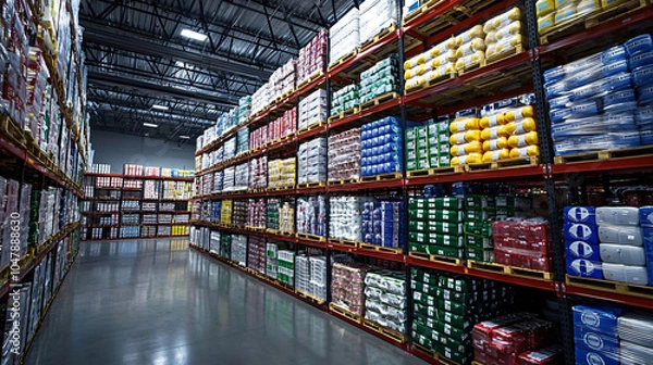 Fototapeta Efficient cold storage warehouse with organized shelves of products