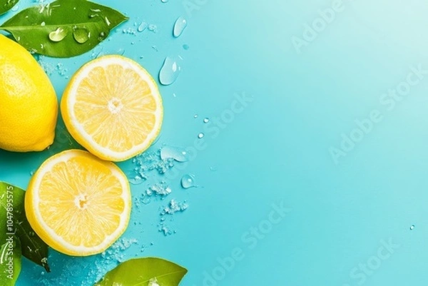 Obraz Fresh Lemons with Water Droplets on Blue Surface