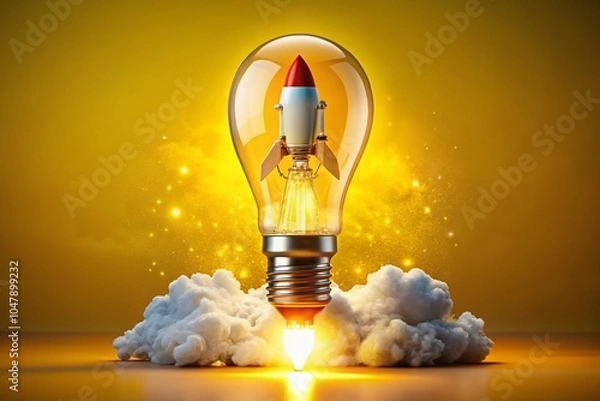 Obraz "Startup Ignition: Rocket & Light Bulb Double Exposure on Yellow"
