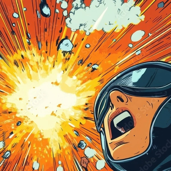 Fototapeta Explosive Action: Close-up of a futuristic pilot screaming amidst a fiery explosion, dynamic comic book style illustration. Intense action scene with radial lines and vibrant colors. 