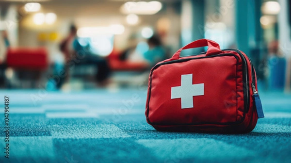 Fototapeta A red first aid kit placed on a carpeted floor in a public space.