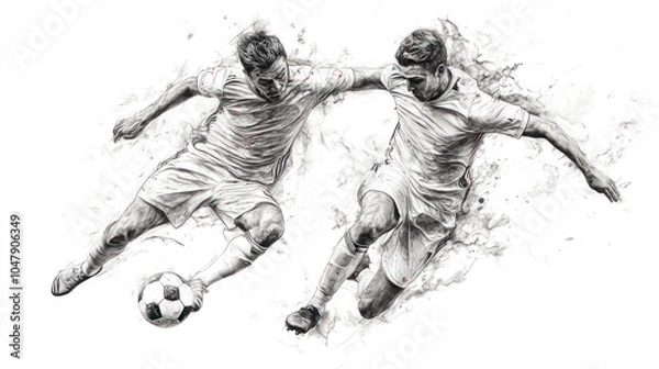 Fototapeta Pencil sketch outline of football players are fighting for the ball