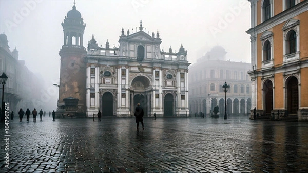 Fototapeta An ancient europe city square enveloped in dense fog. Fog in cities AI Generated