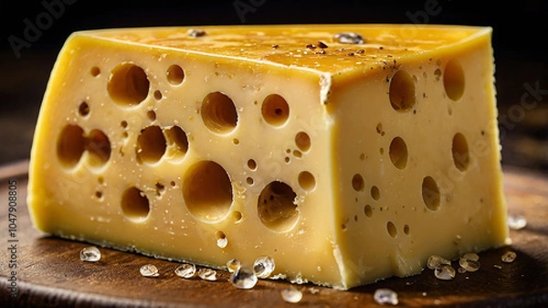 Fototapeta Cheese texture. A close-up view of a slice of aged Gouda cheese.