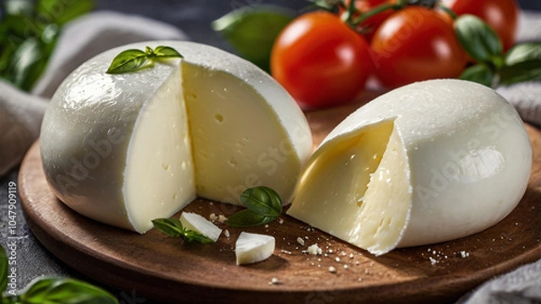 Fototapeta Cheese texture. A detailed image of fresh mozzarella cheese.