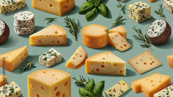 Fototapeta A charming pattern that combines various cheeses with fresh herbs like basil, thyme, and rosemary. Cheese pattern