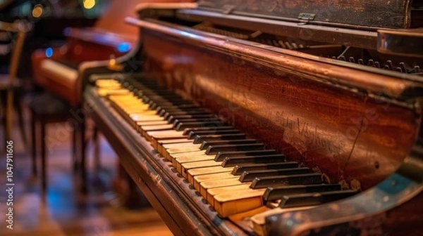 Obraz Close up of worn ivory keys on antique grand piano in empty bar exuding quiet nostalgia. Vintage wood adds classic, moody atmosphere evoking cultural memories