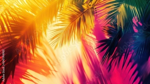 Obraz Tropical summer abstract with vibrant palm leaves and sunlit skies, creating a vacation mood, isolated on white