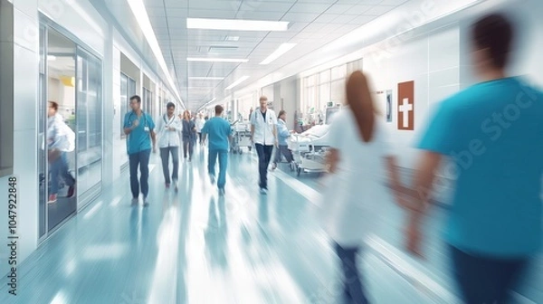 Fototapeta A bustling hospital corridor during the day, with doctors, nurses, and patients moving quickly in various directions, creating a sense of urgency and activity