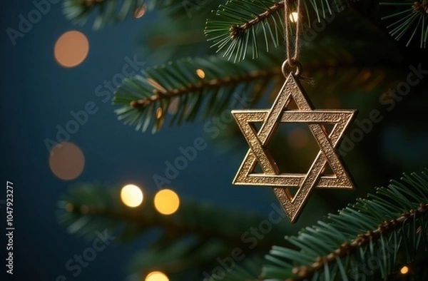 Fototapeta Close-up of a hexagonal star in the form of a decoration on a Hanukkah bush on the right side, a star of David on a Christmas tree
