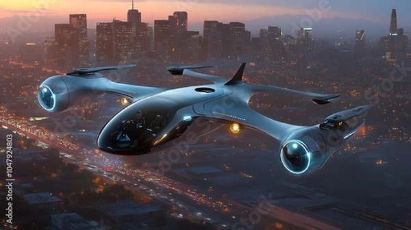 Fototapeta Futuristic Flying Vehicle Over Cityscape