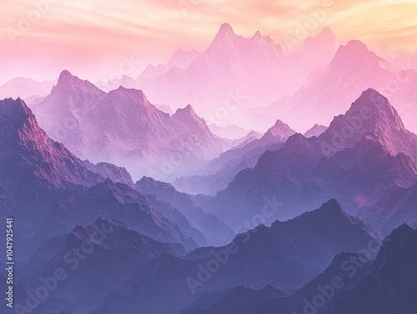 Fototapeta Misty Mountain Range at Dawn with Layered Peaks