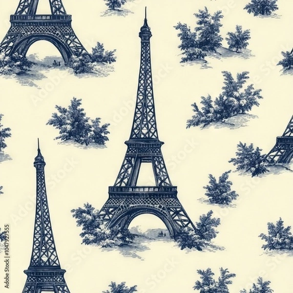 Fototapeta A repeating pattern featuring the Eiffel Tower among decorative foliage.