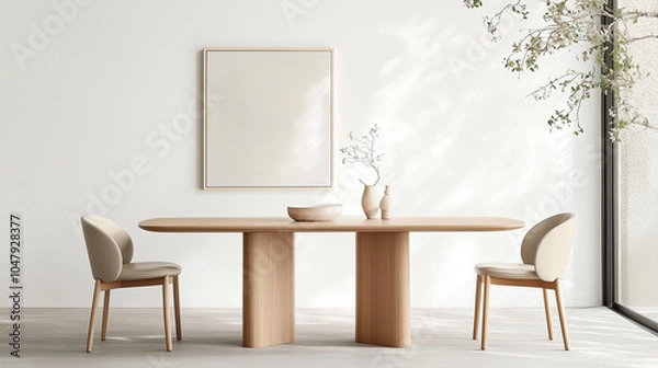Fototapeta Minimalist dining area with elegant wooden table and chairs