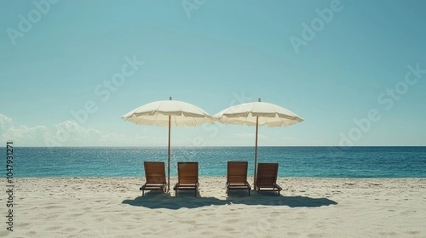 Fototapeta Two Umbrellas Casting Shadows on Beach Chairs