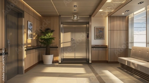 Fototapeta Modern Elevator Lobby with Wood Paneling and Natural Light