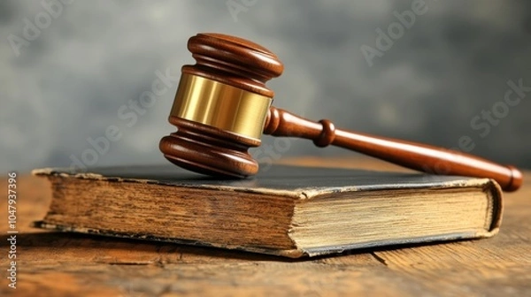Obraz A judge's wooden gavel rests on top of an old legal book, symbolizing justice, law, and authority. The warm, rustic setting highlights tradition and the power of legal decision-making.