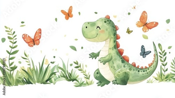 Fototapeta A charming dinosaur enjoying a sunny day, with butterflies fluttering around, beautifully illustrated on a clean white backdrop