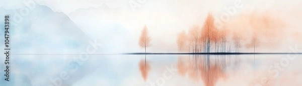 Fototapeta Serene landscape with misty reflections of trees on calm water, creating a tranquil ambience in soft pastel hues.