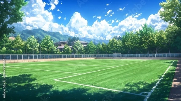 Fototapeta Empty Soccer Field with Green Grass and a Blue Sky, Surrounded by Trees and Mountains.