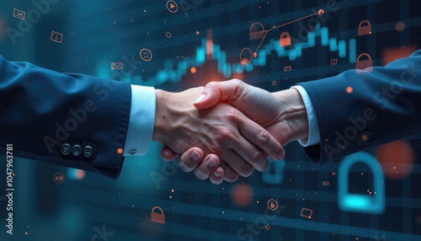 Fototapeta Hyper-Realistic Digital Handshake: Secure Online Transactions with Blockchain & Holographic Graphs