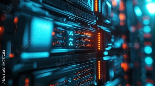 Obraz Server Rack with Blue and Orange Lights