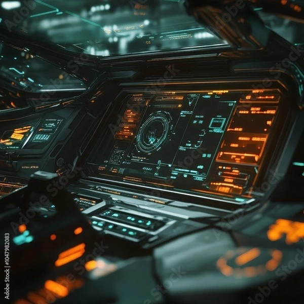 Fototapeta Cyberpunk Cockpit: Immersive view of a futuristic spaceship's control panel, glowing with vibrant teal and orange hues.